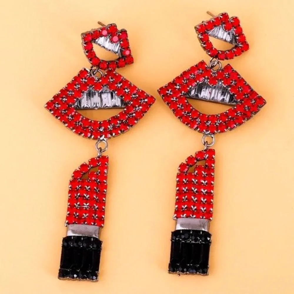 SOLD OUT💔Callie LIPS: GLOSSED & Dangling Red & Pink Jeweled Rhinestone Earrings - Picture 7 of 7